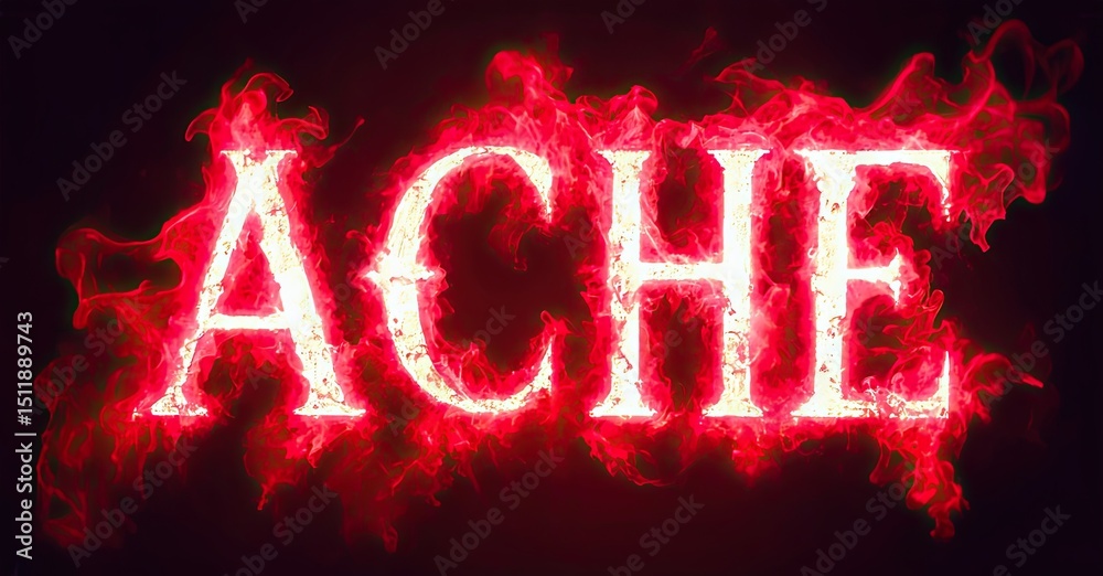 Fototapete fiery text spells ache. red flames surround letters, creating dramatic visual effect. dark backgroun