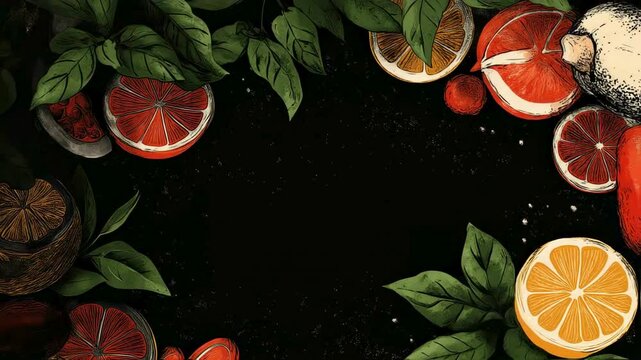 Vibrant Citrus Fruits and Leaves Border on Black Background - Hand-Drawn Illustration