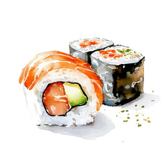 Sushi, watercolor vector, high quality, isolated on a white background.