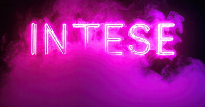 Bright pink neon sign spells INTESE. Smoke surrounds glowing letters, creating dramatic effect. Dark background emphasizes vibrant illumination.