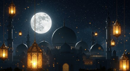 Mosque silhouette with moon and lanterns at night
