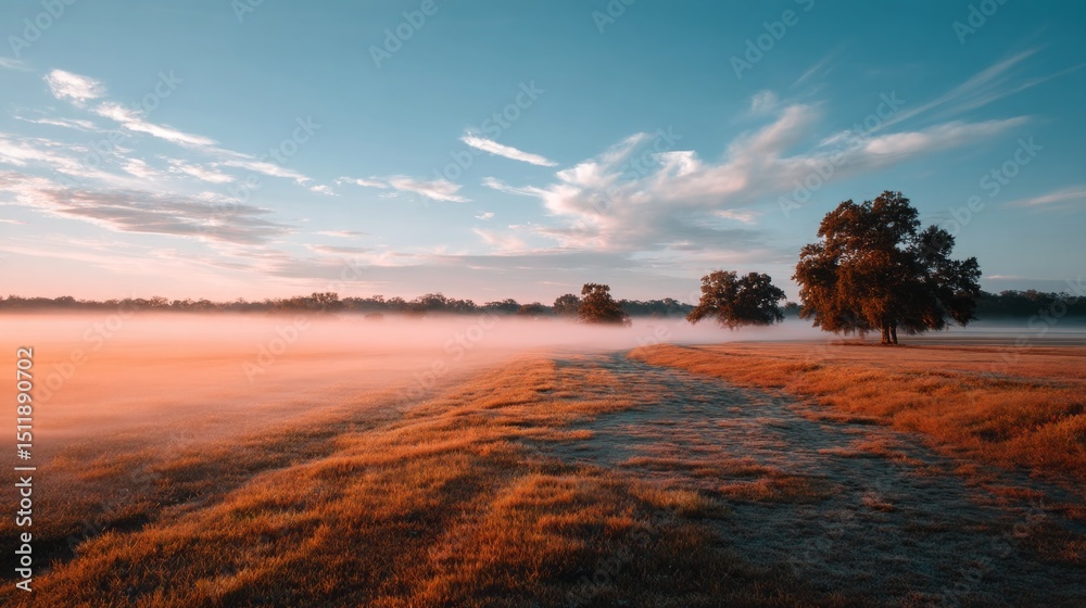 Poster a serene farm field enveloped in a soft morning fog, bathed in warm sunlight. a winding path and tre