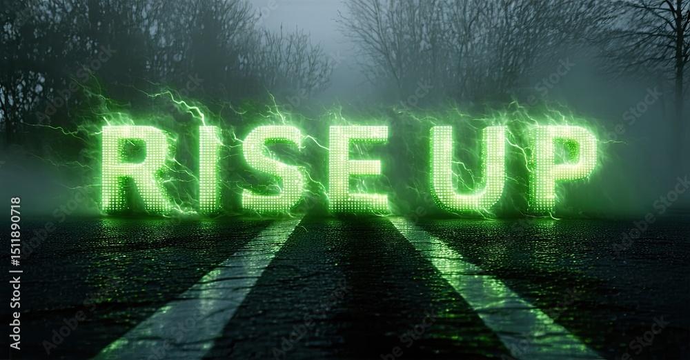 Poster glowing text reads rise up over wet asphalt. background shows foggy trees, dark atmosphere. dramatic