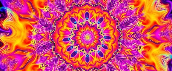 Intricate fractal mandala in vibrant orange, pink, violet, and blue gradient  Psychedelic, trippy, swirling pattern, vibrant, effect