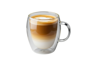 Isolated Layered Latte Coffee in a Double Walled Glass Mug