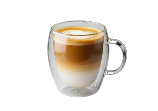 Isolated Layered Latte Coffee in a Double Walled Glass Mug