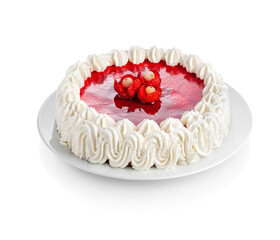 
Ice cream cake with strawberry flavoured strawberry glaze on a sponge cake base and decorated on the outside with whipped cream