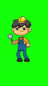 Searching Pose Animation of Chibi Contractor Holding Magnifying Glass, Loop Greenscreen