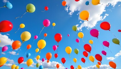 a clear blue sky filled with balloons of various colors, creating a festive atmosphere.