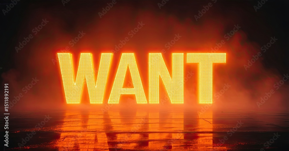 Poster Bright word WANT illuminated against dark background. Reflections visible on wet floor, creating dramatic effect. Intense orange glow dominates scene.