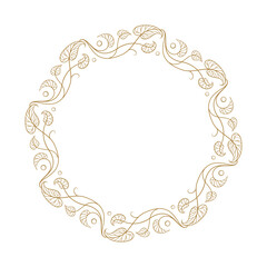 Elegant botanical wreath with delicate leaves and swirls. Hand-drawn round frame for wedding design and branding. Vector illustration.