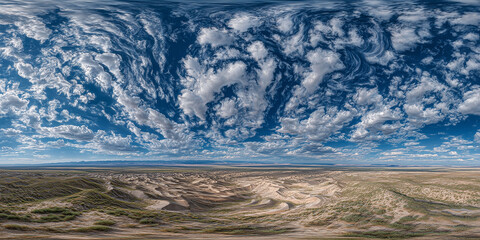 Spherical 360 degrees panorama view in equirectangular projection, wild natural landscape of a beautiful desert of dry sand  dunes without vegetation under a white cloudscape low at the horizon