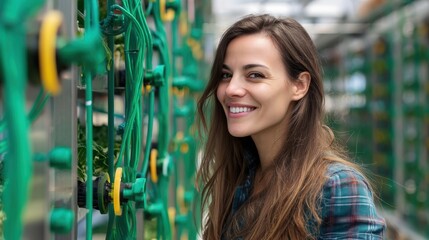 A smiling woman stands beside a vertical garden, showcasing her passion for sustainable gardening and plant growth.