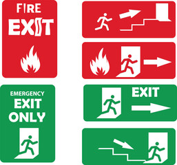 Emergency exit sign. Running man and exit door sign. Exit way icon. Emergency exit. Safety symbol. Escape help evacuation icon set