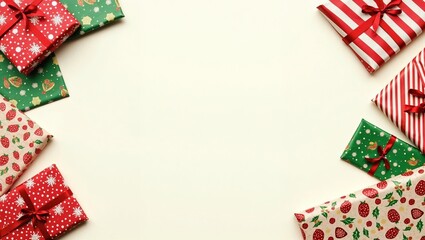 Obraz premium Colorful Christmas presents wrapped with festive paper and ribbons, blank space for text, copy space 