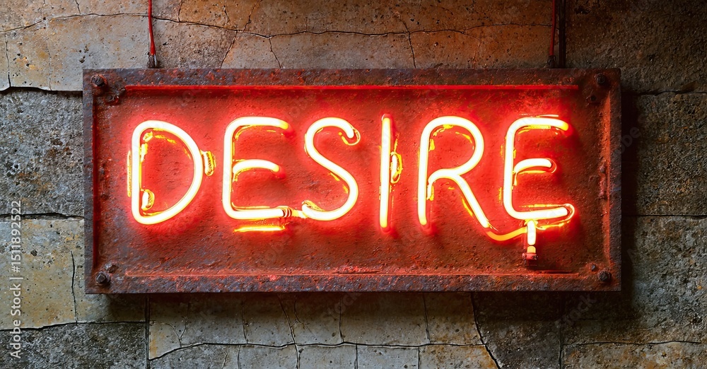 Poster rusty metal frame holds glowing neon sign spelling desire. dark background emphasizes bright illumin