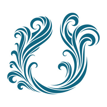 Vector swirl inspired by water and ocean waves. Abstract blue curved shape with elegant lines. Decorative design for marine themes, logos, tattoo style and ornamental elements
