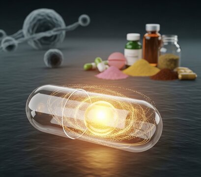 innovative anti-aging solutions, magic pill, dietary supplements, and holistic wellness, symbolizing the pursuit of longevity and vitality.