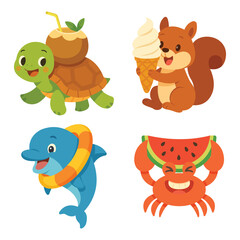 summer animal cartoon set illustration, kid friendly
