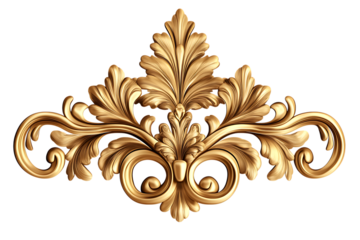 Golden ornamental floral decoration with acanthus leaves on transparent background
