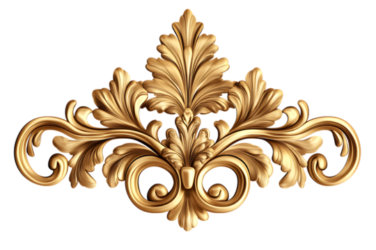 Golden ornamental floral decoration with acanthus leaves on transparent background