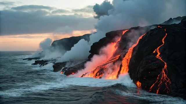 lava pouring on water, volcano in the middle of water, volcano mountain on the middle of sea footage
