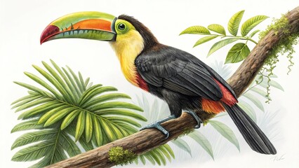 Multicoloured toucan with iridescent beak sitting on a branch, on a highlighted white background. Wildlife defenders concept, advertising for banners, posters, calendar