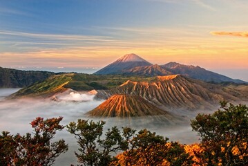 Scenic of Mount Bromo and Mount Semeru at sunrise in the Bromo Tengger Semeru National Park