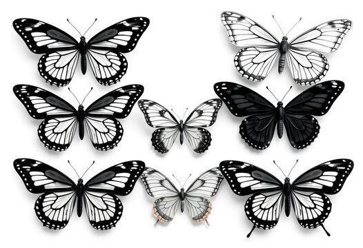 Six elegant black and white butterflies; intricate wing details, diverse poses,  wings,  art