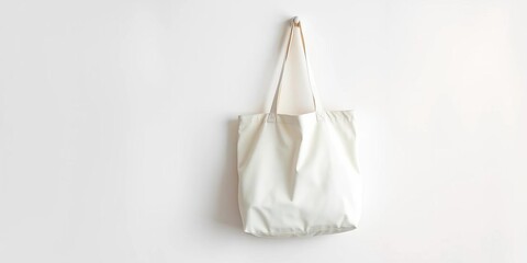 Simple white canvas tote bag hangs on a hook against a blank wall, hook, eco bag