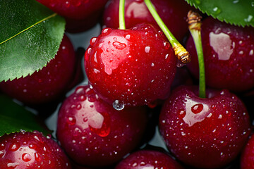 Fresh ripe red cherries with water drops, macro close up of juicy sweet fruit, natural glossy texture, healthy organic snack background, seasonal harvest, vibrant summer freshness