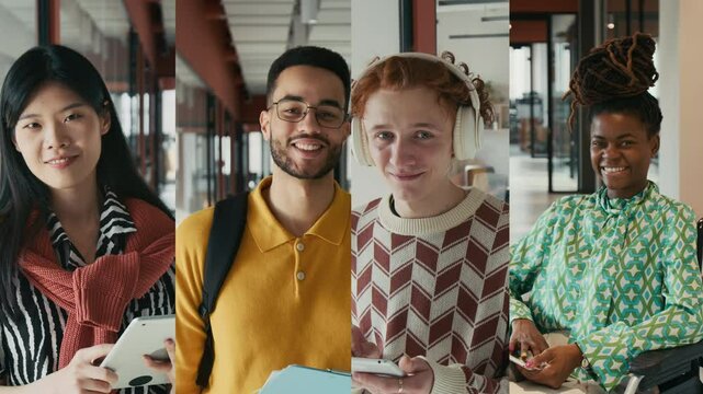 Split screen portraits of four diverse gen Z business people - using gadgets and looking at camera, inclusive coworking space - Powered by Adobe
