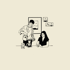 A couple enjoying and drinking a coffee while sitting at a coffee shop, vector illustration 