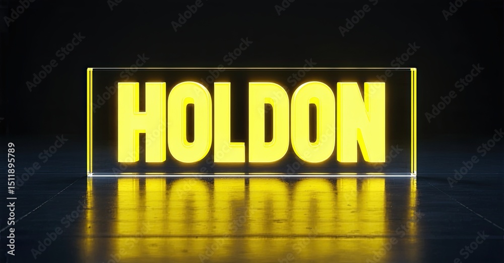 Poster bright yellow neon sign displays holdon over reflective surface. dark background emphasizes glowing 