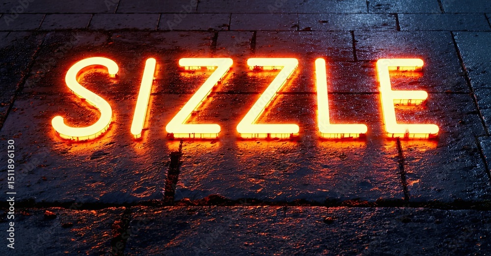 Poster bright neon sign spells sizzle. wet pavement reflects warm light, creating dramatic effect. dark bac