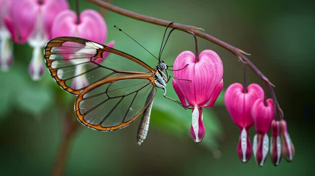 Glasswing butterfly resting on pink bleeding heart flowers. Serene.