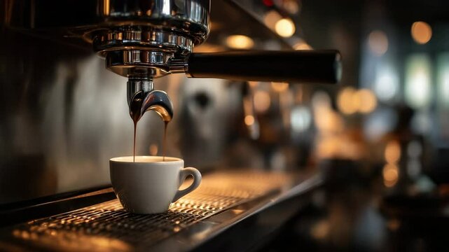 Close-Up of Espresso Machine Brewing Fresh Coffee in a Caf&eacute; Setting