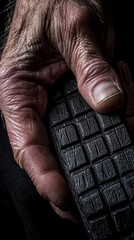 Wrinkled hand gripping vintage black textured object conveying timelessness