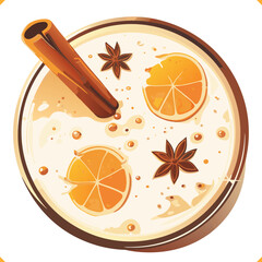 Eggnog with cinnamon stick, star anise, and orange slices in a glass, top view, vector on white background.
Vector illustration of Christmas beverage on white background