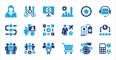 Obraz premium Business company and Management icon set. Contains symbol of teamwork, target, market, global, success, customer service, leadership, holiday, asset, meeting, entrepreneur. Vector illustration