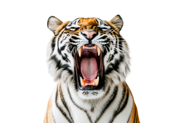 Roaring tiger head close up isolated on transparent background