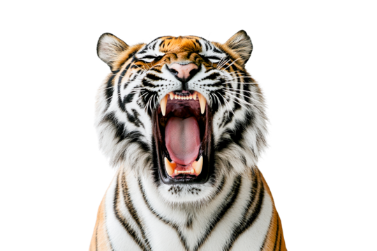 Roaring tiger head close up isolated on transparent background