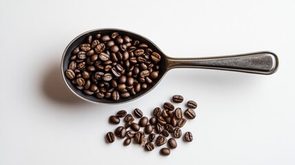 Obraz premium A vintage metal spoon filled with rich coffee beans, isolated on a white background.