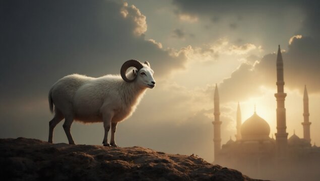 Ram and mosque at sunset for Eid Al Adha celebration