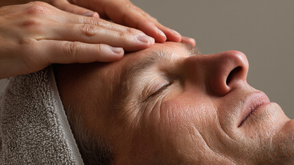 british man 40 years old relaxing during a gentle facial massage