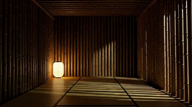 Serene Japanese interior with bamboo walls, tatami mats, soft light
