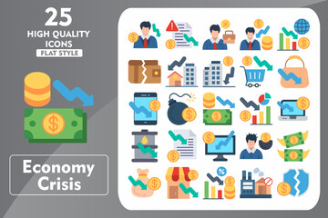 Economy Crisis Flat Icon Set. Incleded Icons Investor, Document, Job Reduction, Economist, Recession, Wallet, Real Estate, Office, Shopping. Vector Icons Collection