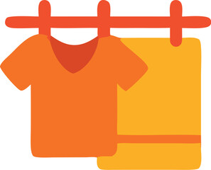 Orange shirt and towel on clothesline. Laundry concept shot for household products, cleaning supplies, or home organizing advertisements.