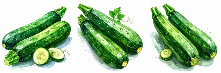 Three zucchini pairs are depicted in a watercolor style isolated artwork on white background.