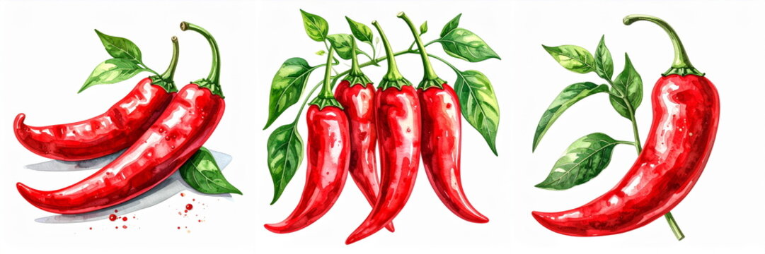 Three watercolor illustrations present vibrant red chili peppers with leaves isolated on white background.